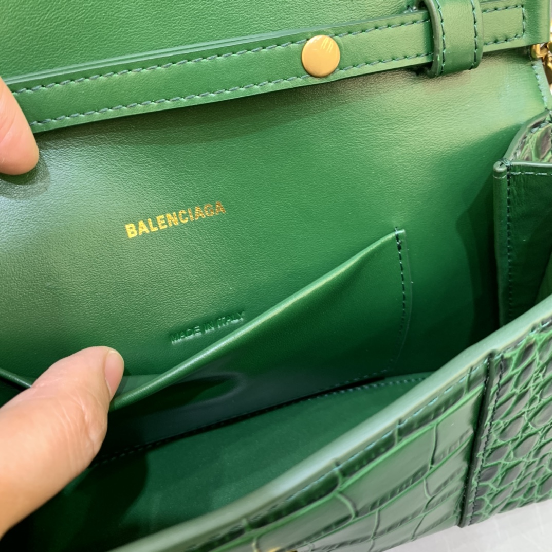 Balenciaga Big Hourglass Wallet With Chain Crocodile Embossed Shoulder Bag Dark Green